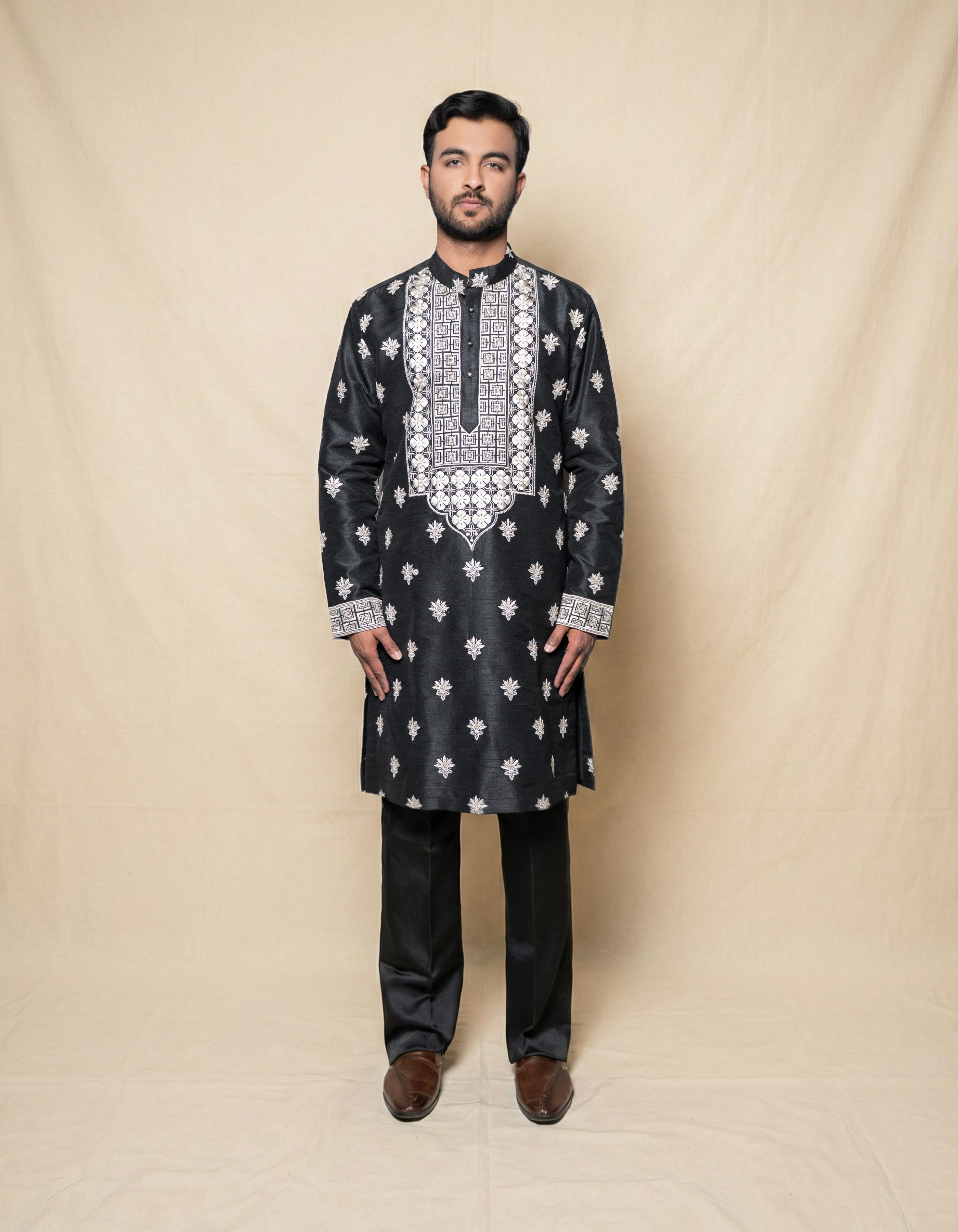 Midnight Noir Hand-Embroidered Silk Kurta Set
