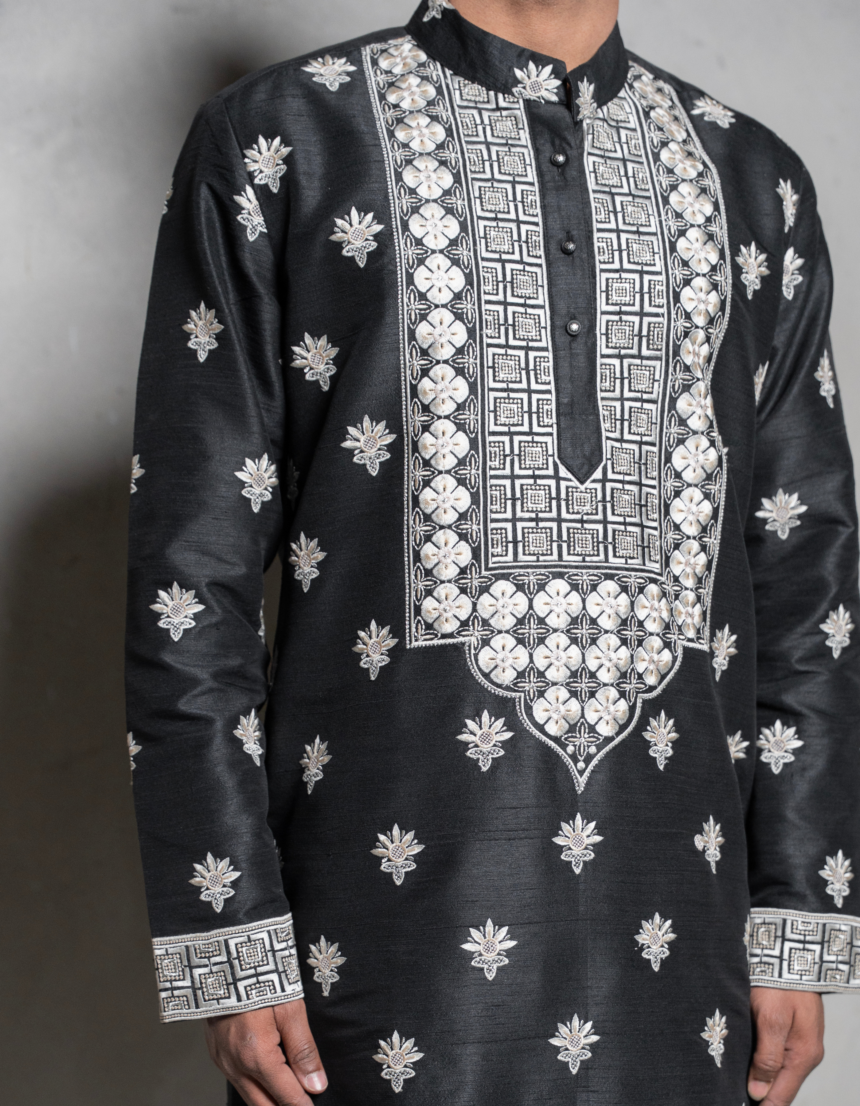 Midnight Noir Hand-Embroidered Silk Kurta Set