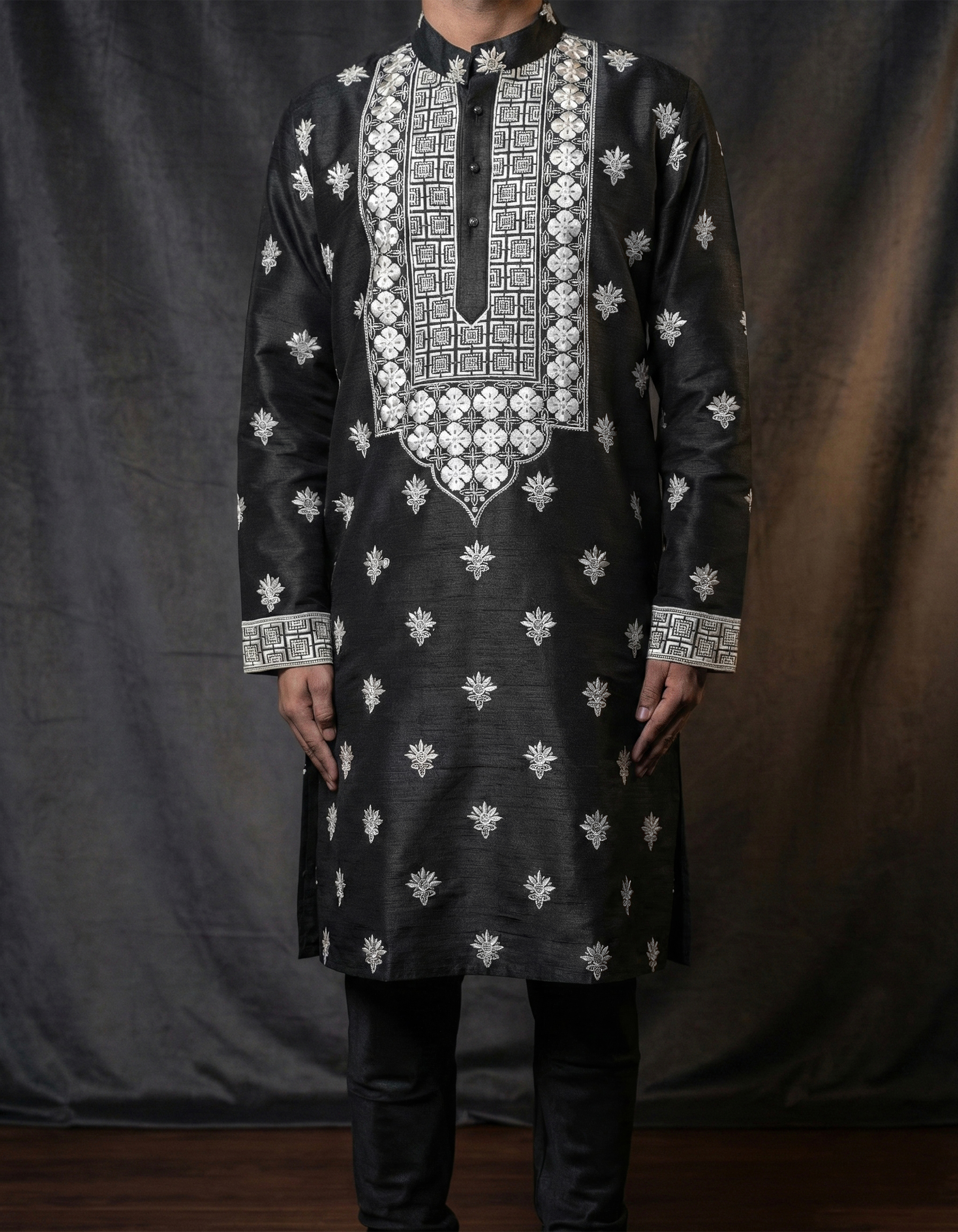 Midnight Noir Hand-Embroidered Silk Kurta Set