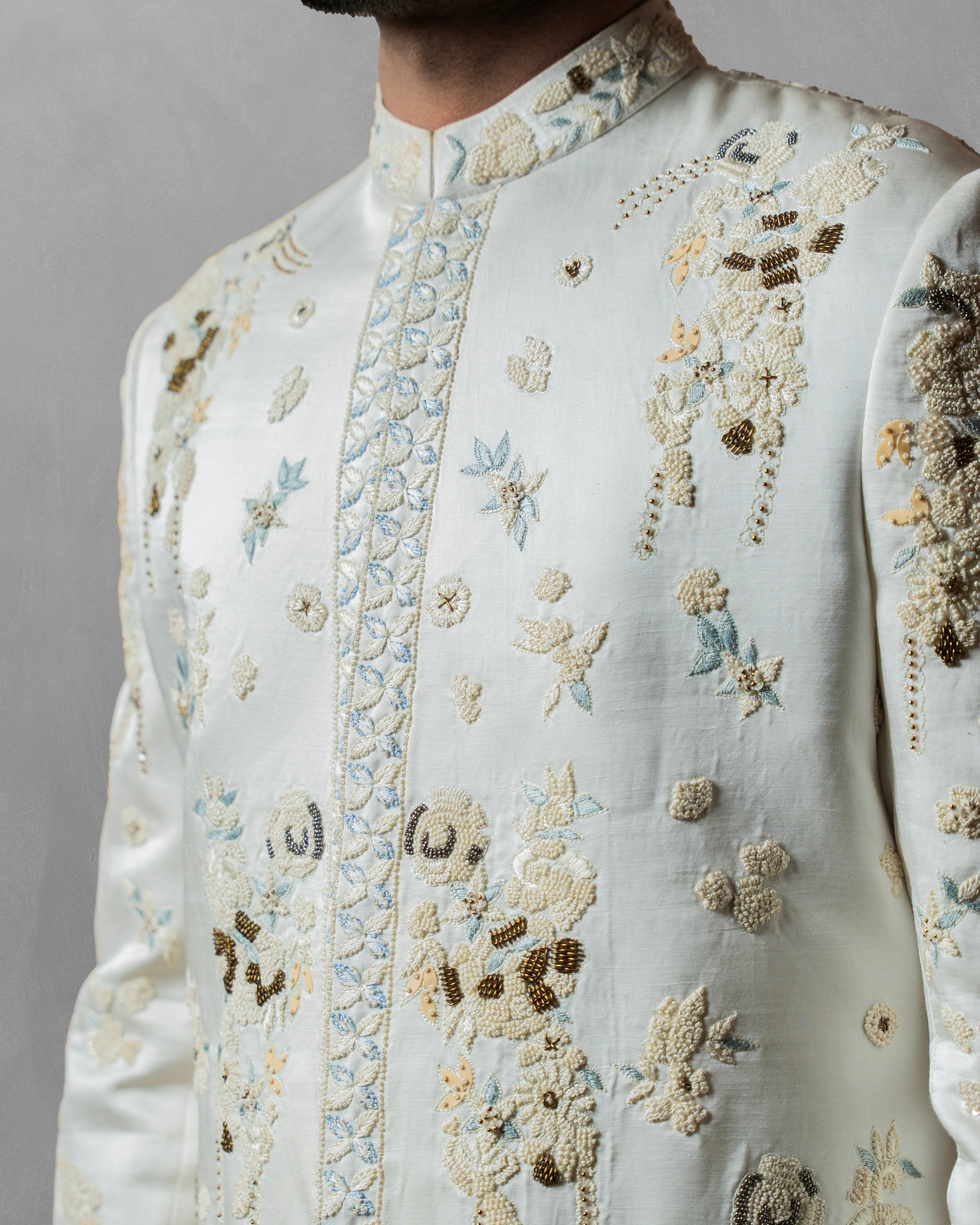 Ivory Royale Embroidered Sherwani Set  (Includes Sherwani, Trouser & Inner Kurta)