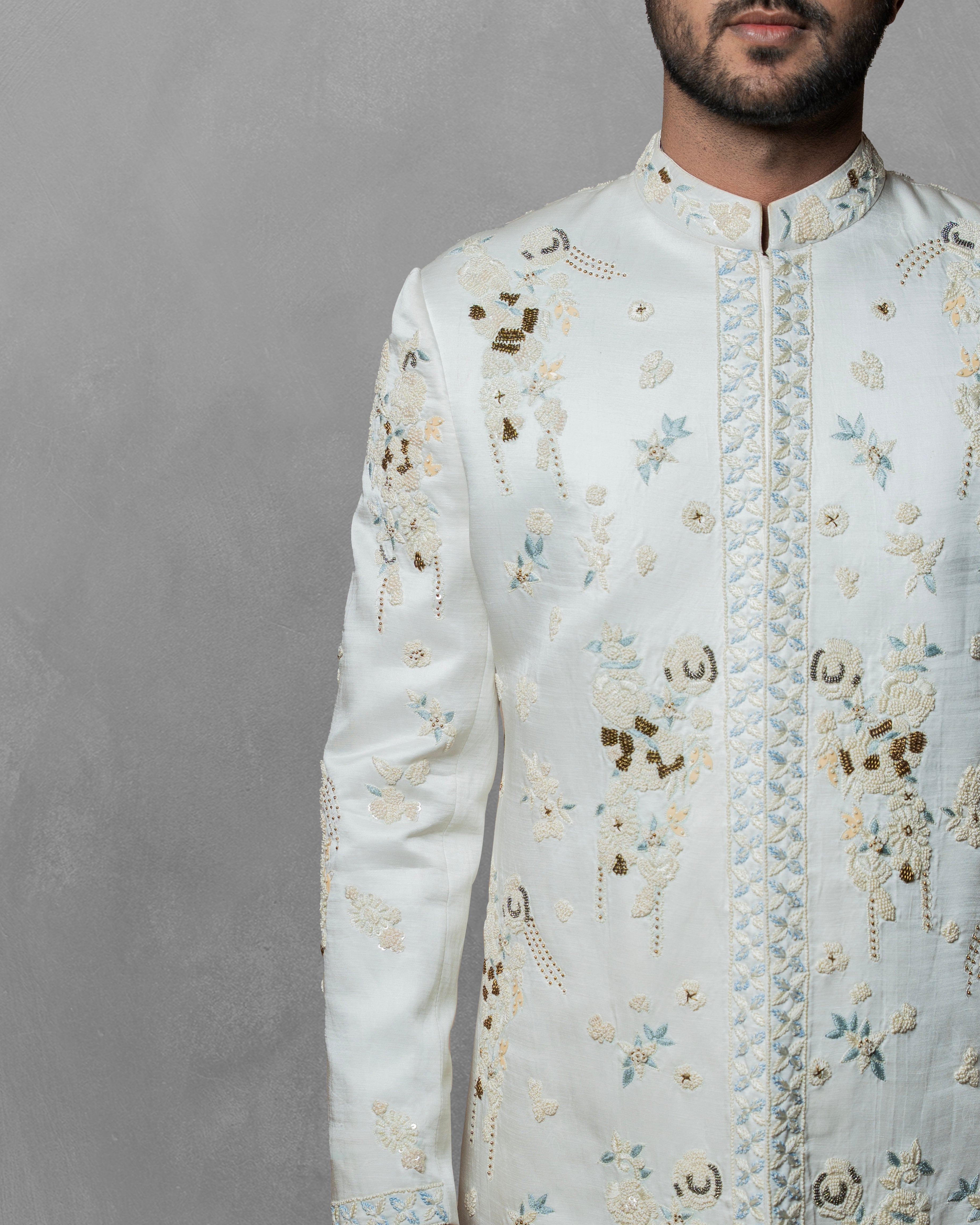 Ivory Royale Embroidered Sherwani Set  (Includes Sherwani, Trouser & Inner Kurta)