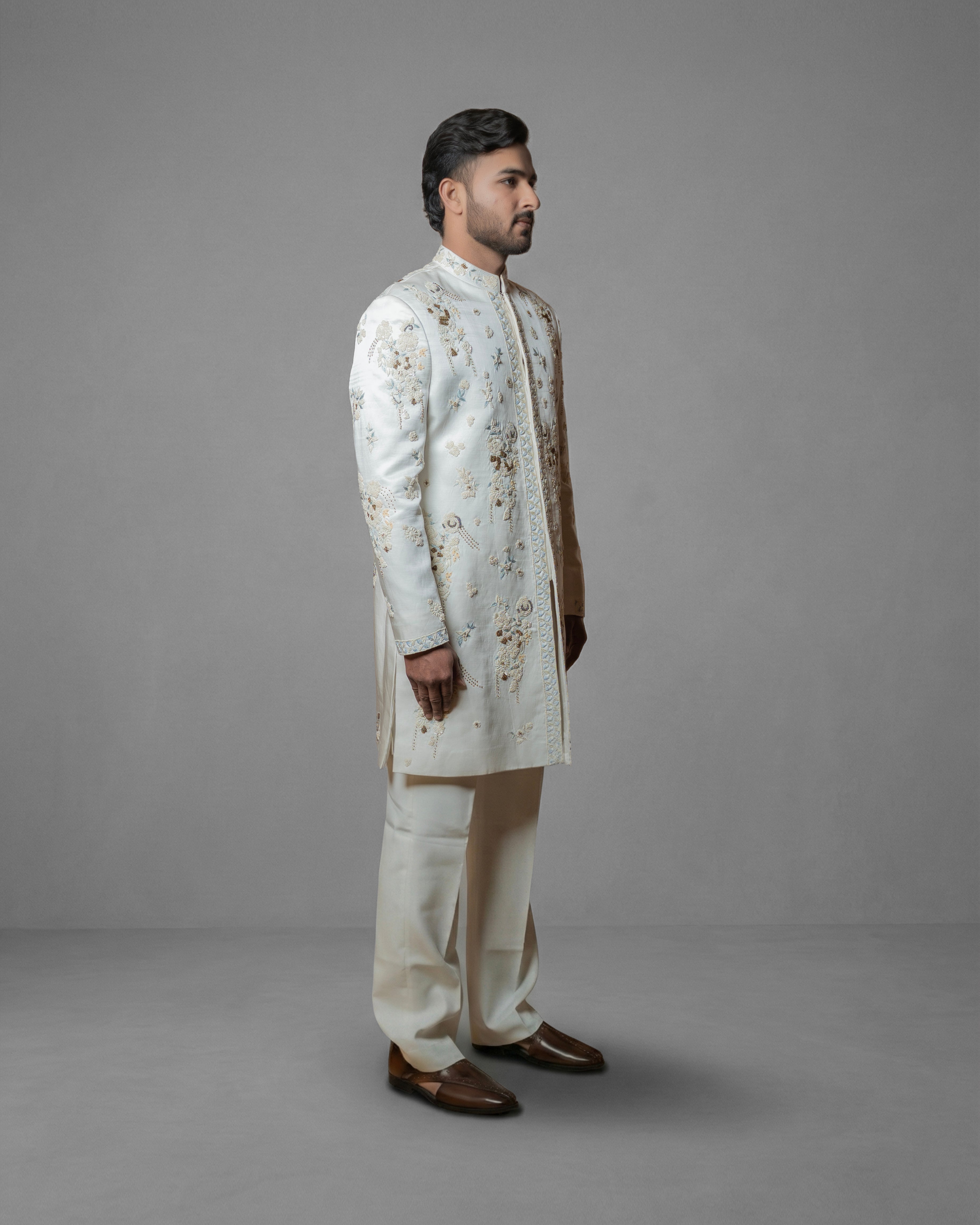 Ivory Royale Embroidered Sherwani Set  (Includes Sherwani, Trouser & Inner Kurta)