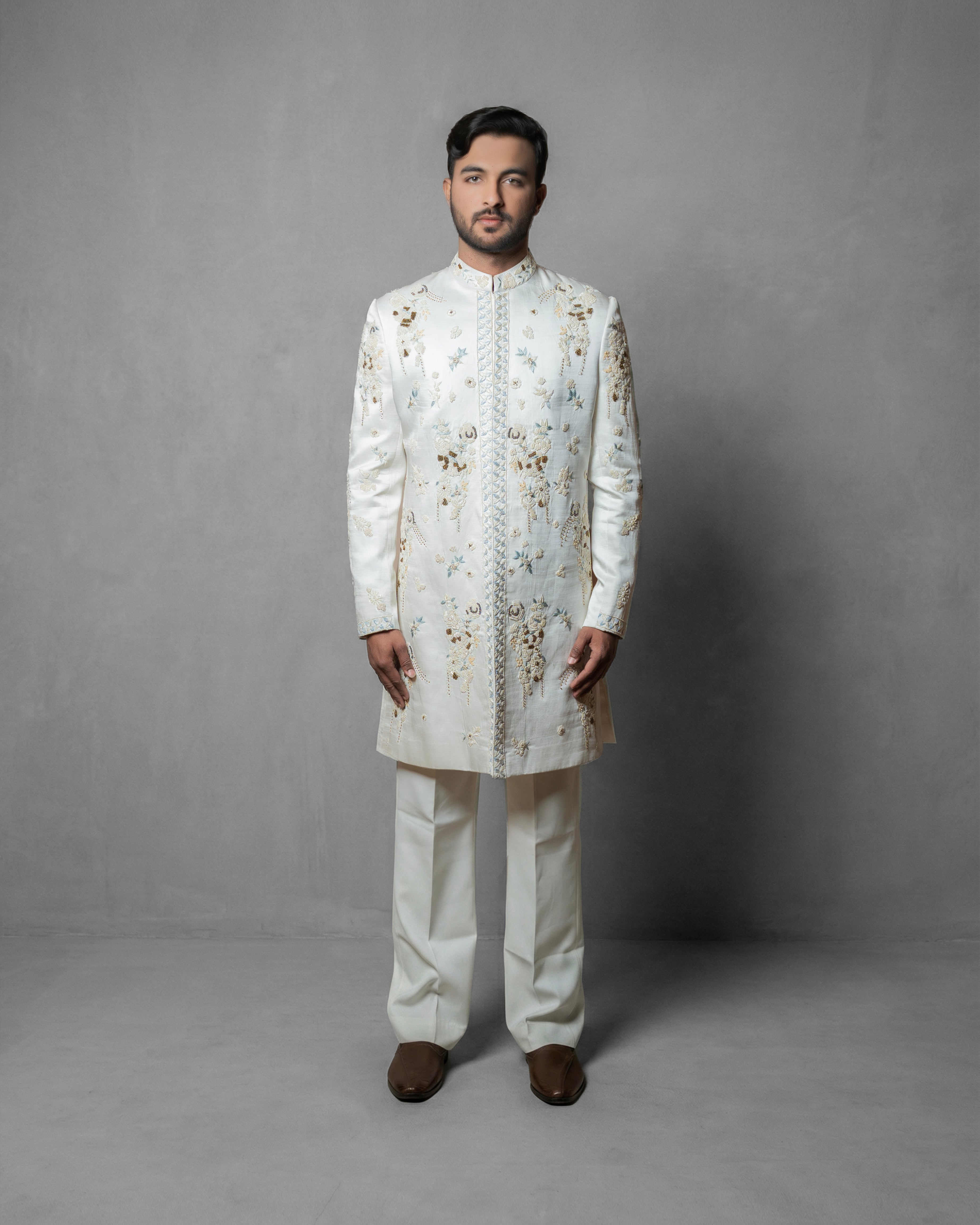 Ivory Royale Embroidered Sherwani Set  (Includes Sherwani, Trouser & Inner Kurta)