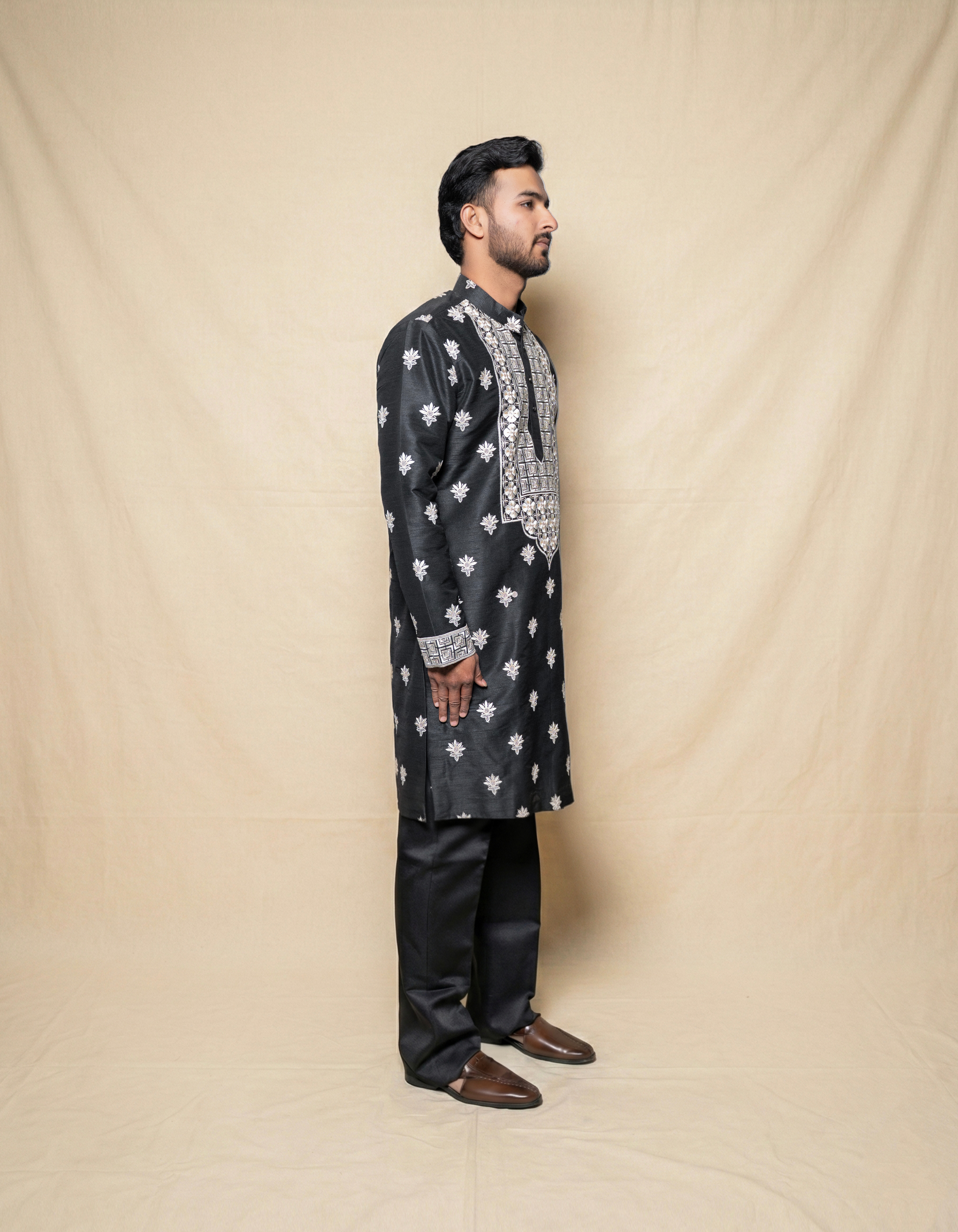 Midnight Noir Hand-Embroidered Silk Kurta Set